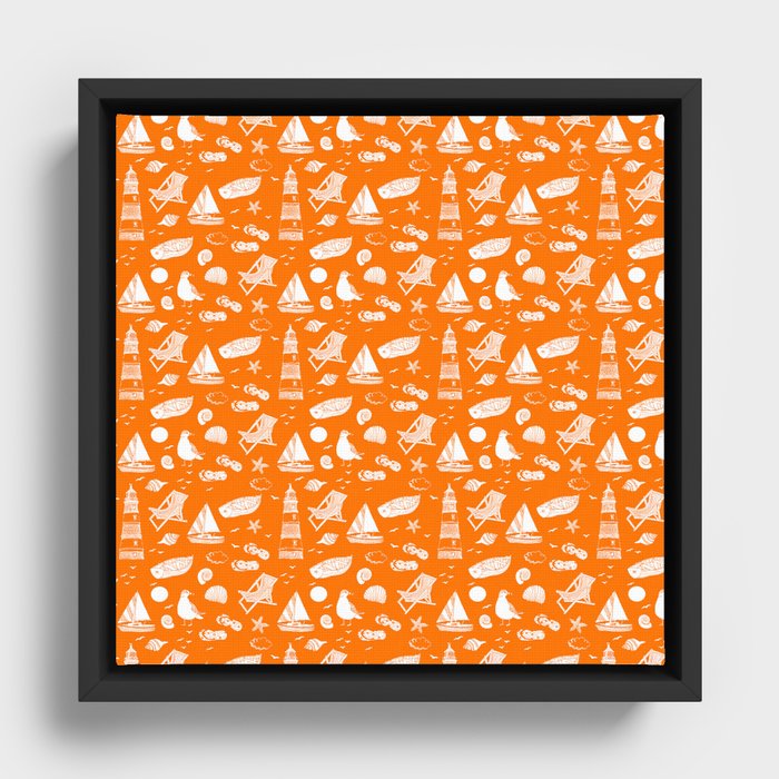 Orange And White Summer Beach Elements Pattern Framed Canvas
