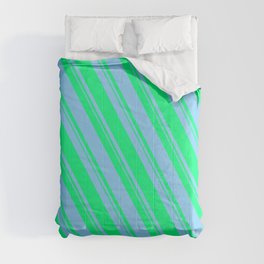 [ Thumbnail: Light Sky Blue and Green Colored Pattern of Stripes Comforter ]