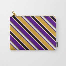 [ Thumbnail: Goldenrod, Lavender, Indigo, and Black Colored Lined Pattern Carry-All Pouch ]