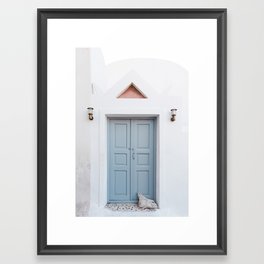 Blue door in Santorini | Pastel colors in Greece | White travel wall art print photography Framed Art Print