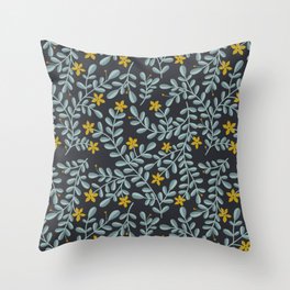Moringa Flowers Floral Folk Pattern - Yellow on Dark Throw Pillow
