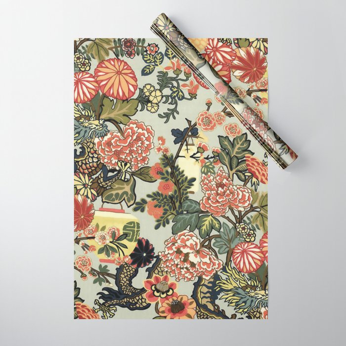 Chinese Dragon Vintage Floral Pattern Wrapping Paper