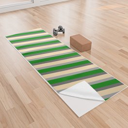 [ Thumbnail: Dim Grey, Beige, Dark Gray, and Green Colored Lines/Stripes Pattern Yoga Towel ]