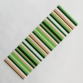 [ Thumbnail: Brown, Lime Green, Black & Mint Cream Colored Stripes Pattern Yoga Mat ]