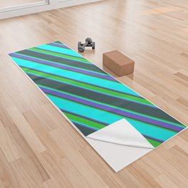 [ Thumbnail: Cyan, Slate Blue, Dark Slate Gray & Lime Green Colored Stripes Pattern Yoga Towel ]