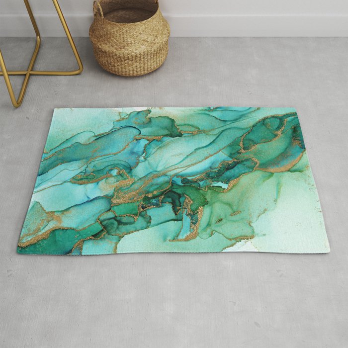 Emerald Gold Waves Abstract Ink Rug