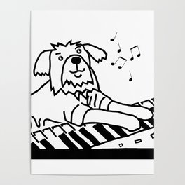 Funny Dog Plays Music on Piano Keyboard Black and White Poster