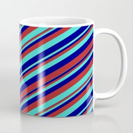 [ Thumbnail: Blue, Red & Turquoise Colored Stripes Pattern Coffee Mug ]
