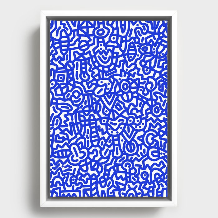 Cobalt Blue on White Doodles Framed Canvas