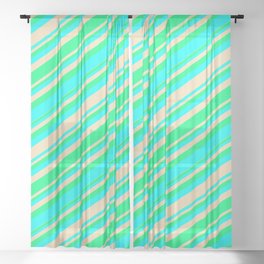 [ Thumbnail: Green, Aqua, and Tan Colored Stripes/Lines Pattern Sheer Curtain ]