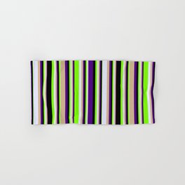 [ Thumbnail: Eyecatching Indigo, Tan, Lavender, Green & Black Colored Lines/Stripes Pattern Hand & Bath Towel ]