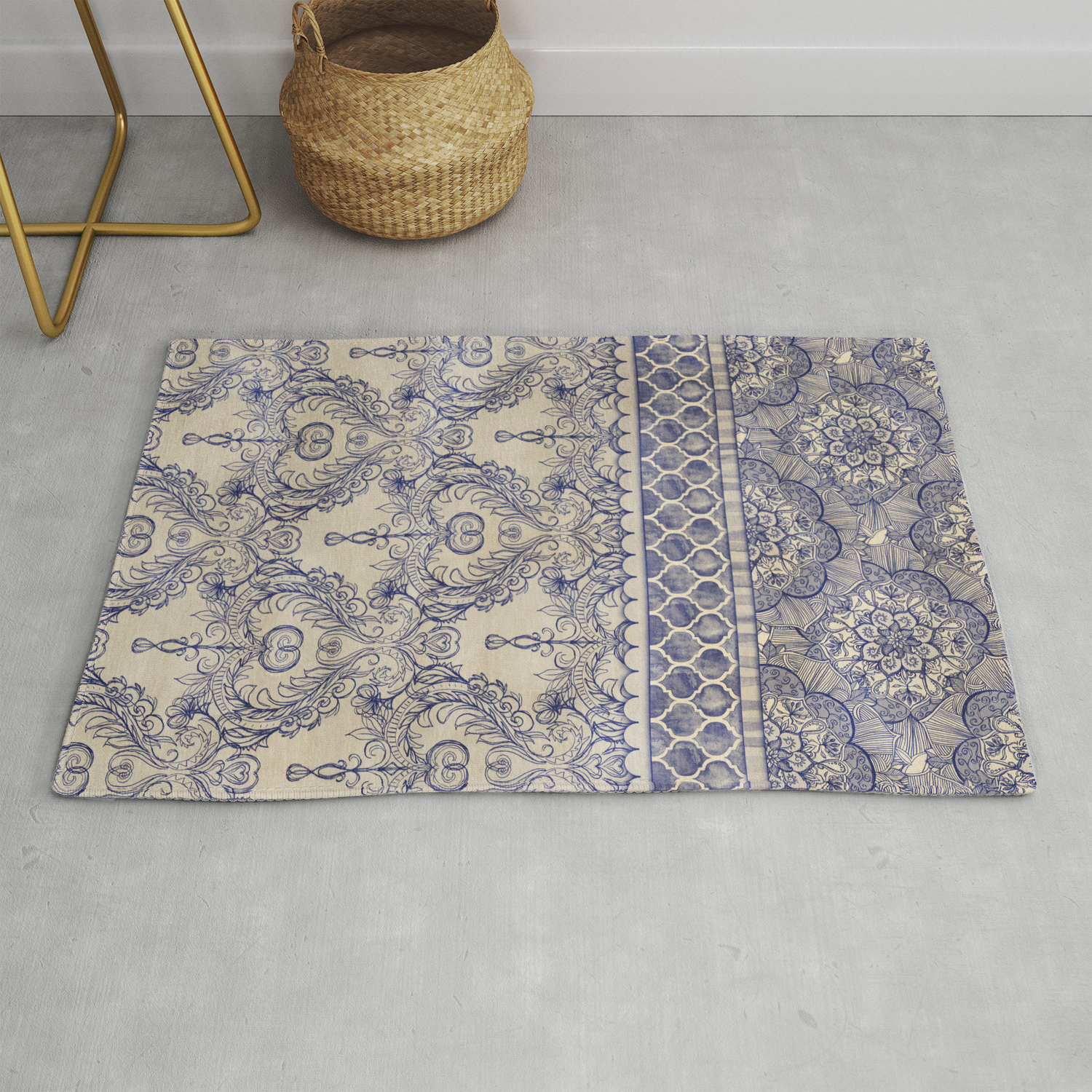 Vintage Wallpaper Hand Drawn Patterns In Navy Blue Cream Rug