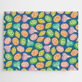 JUICY FRUITS FRESH RIPE FRUIT in BRIGHT SUMMER COLORS ON ROYAL BLUE Jigsaw Puzzle