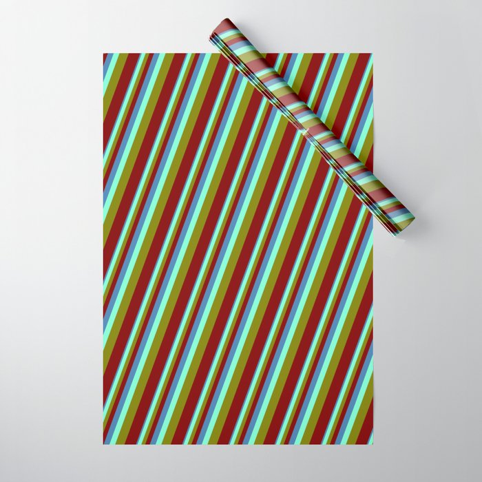 Blue, Aquamarine, Green & Maroon Colored Stripes Pattern Wrapping Paper