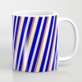 [ Thumbnail: Light Yellow, Blue & Chocolate Colored Lined/Striped Pattern Coffee Mug ]