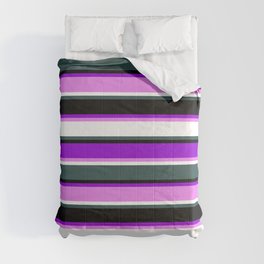 [ Thumbnail: Eye-catching Dark Violet, Violet, White, Dark Slate Gray & Black Colored Pattern of Stripes Comforter ]