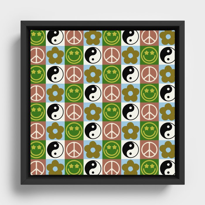 Checked Symbols Pattern (SMILEY FACE \ YIN YANG \ PEACE SYMBOL \ FLOWER) Framed Canvas