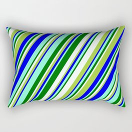 [ Thumbnail: Eyecatching Green, Blue, Aquamarine, Dark Green, and Mint Cream Colored Stripes Pattern Rectangular Pillow ]
