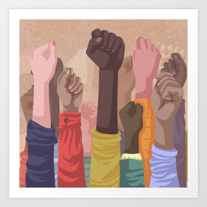 Fist hands up of different types of skins, multiracial raised fists concept art print Art Print