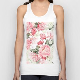 Floral Kingdom Watercolor Painting Pink Red Peony Flowers Painting Green Leaves Floral Design Tank Top