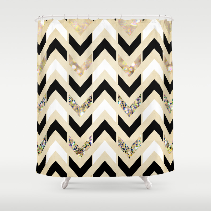 Black White Gold Glitter Herringbone Chevron On Nude Cream Shower Curtain By Tangerinetane Society6