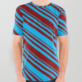 [ Thumbnail: Deep Sky Blue and Dark Red Colored Lined Pattern All Over Graphic Tee ]