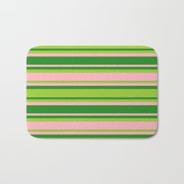 [ Thumbnail: Forest Green, Green, and Light Pink Colored Lined Pattern Bath Mat ]