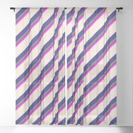 [ Thumbnail: Colorful Fuchsia, Beige, Midnight Blue, Dim Gray & Black Colored Lines/Stripes Pattern Sheer Curtain ]