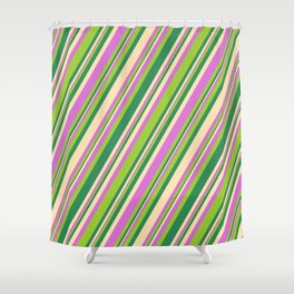 [ Thumbnail: Orchid, Green, Sea Green, and Beige Colored Stripes Pattern Shower Curtain ]