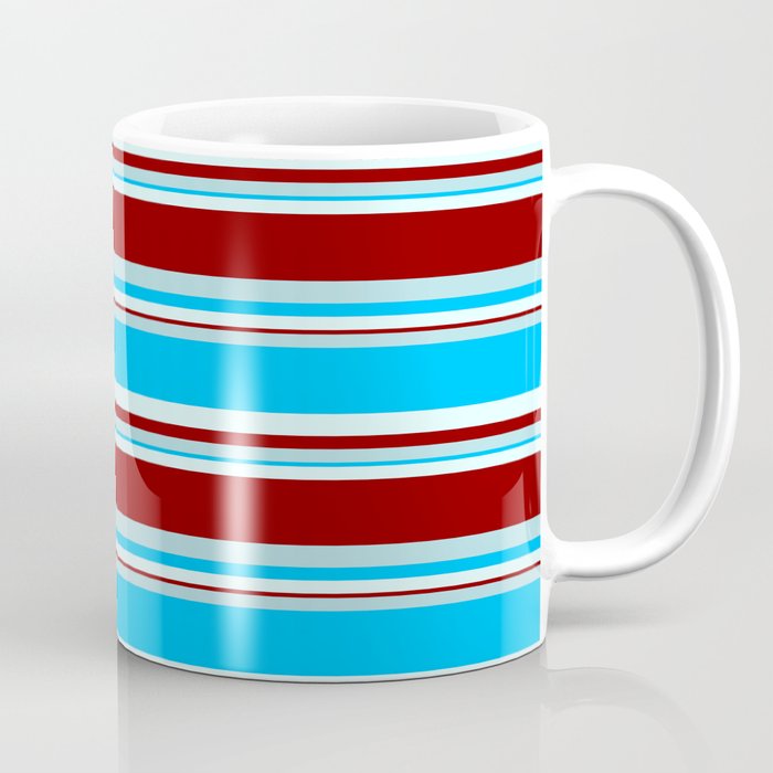 Powder Blue, Deep Sky Blue, Light Cyan & Dark Red Colored Stripes Pattern Coffee Mug