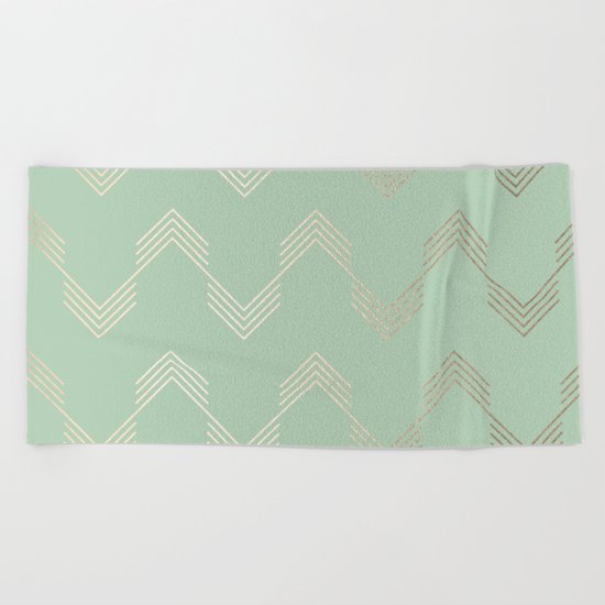 Simply Deconstructed Chevron in White Gold Sands and Pastel Cactus Green Beach Towel