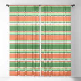 [ Thumbnail: Red, Light Green, Dark Green, and Mint Cream Colored Lined/Striped Pattern Sheer Curtain ]