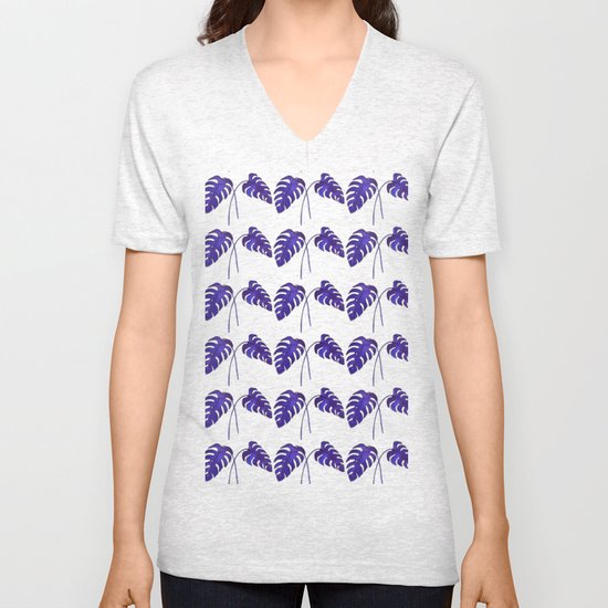Indigo Monstera Leaf Watercolor on Black Unisex V-Neck