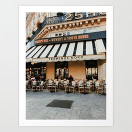 Cafe terrace in Paris during the spring, France | Street view | Pastel colored buildings | Travel photography fine art Art Print