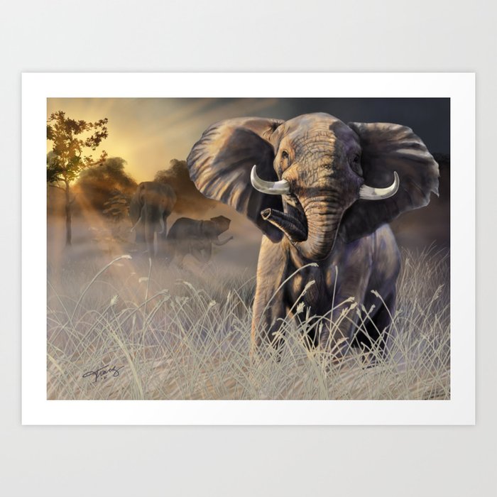 Savannah Elephants in the Mist Art Print | Painting, African-elephants, Bull-elephant, Mother-elephant, Baby-elephant, Savannah