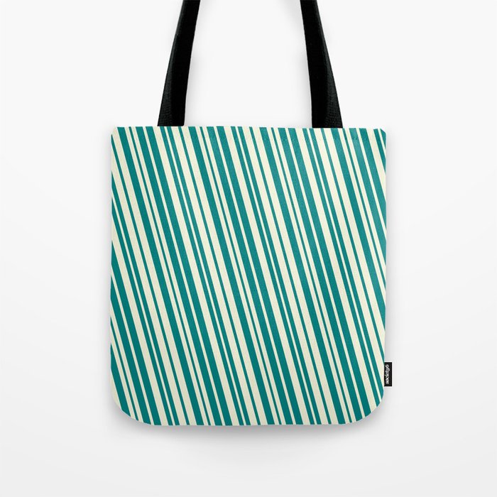 Teal & Beige Colored Lined/Striped Pattern Tote Bag