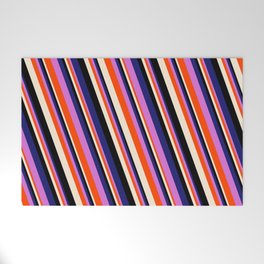 [ Thumbnail: Vibrant Midnight Blue, Orchid, Red, Beige & Black Colored Striped/Lined Pattern Welcome Mat ]