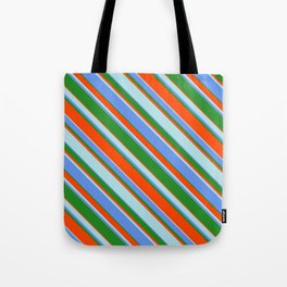 [ Thumbnail: Cornflower Blue, Forest Green, Red, and Powder Blue Colored Lines Pattern Tote Bag ]