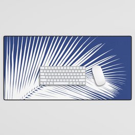 Palm Leaf Silhouette, Navy Blue and White Desk Mat