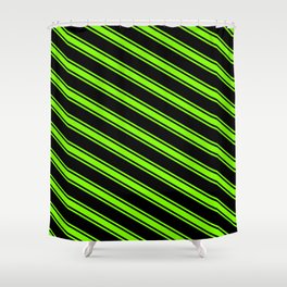 [ Thumbnail: Black & Green Colored Pattern of Stripes Shower Curtain ]