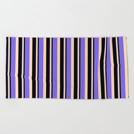 [ Thumbnail: Black, Tan, and Medium Slate Blue Colored Stripes/Lines Pattern Beach Towel ]
