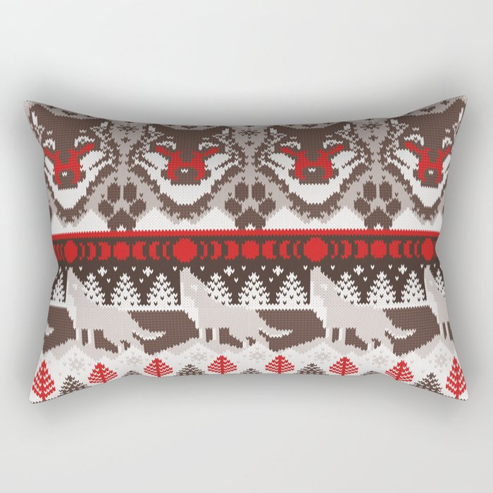Fair isle knitting grey wolf // oak and taupe brown wolves red moons and pine trees Rectangular Pillow