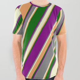 [ Thumbnail: Colorful Purple, Grey, Light Yellow, Brown & Dark Green Colored Pattern of Stripes All Over Graphic Tee ]