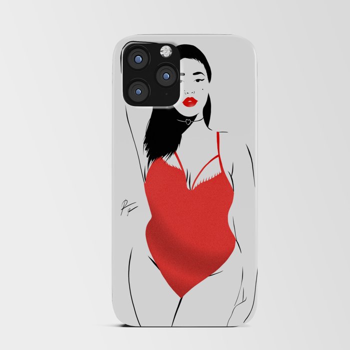 Beautiful woman posing in red swimsuit and lipstick iPhone Card Case