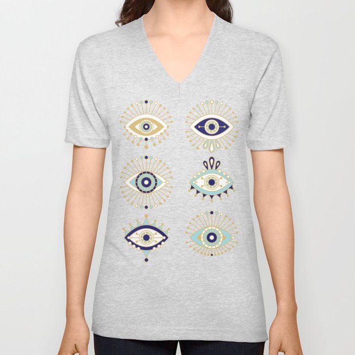 Evil Eye Collection on White V Neck T Shirt