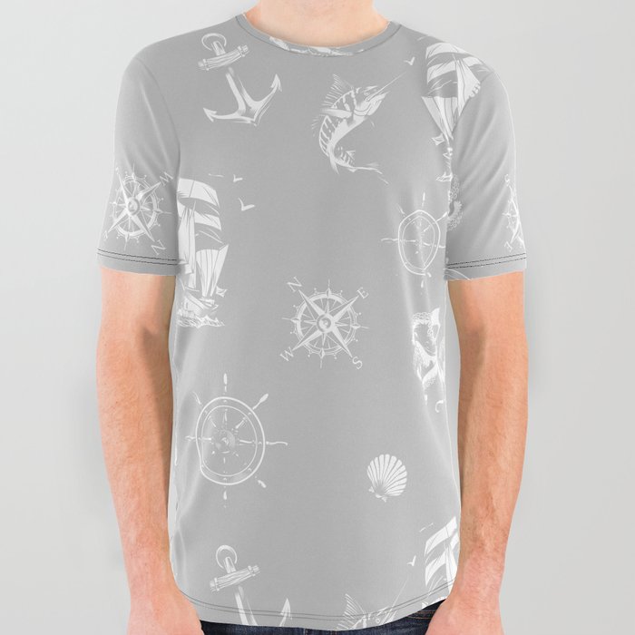 Light Grey And White Silhouettes Of Vintage Nautical Pattern All Over Graphic Tee