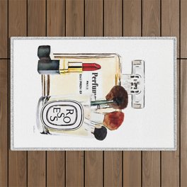 Watercolor Make up set, perfume bottle, red lipstick and brushes by Amanda Greenwood Outdoor Rug