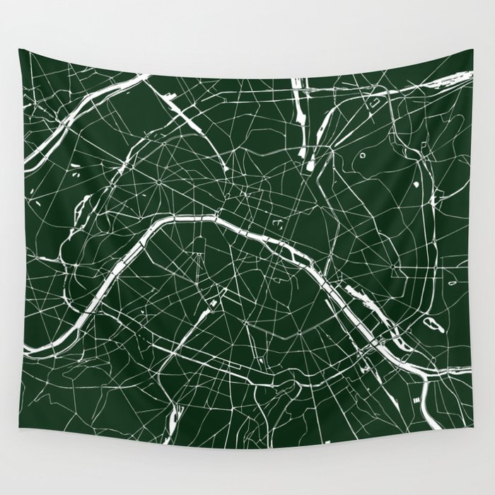 Paris France Minimal Street Map - Forest Green Wall Tapestry