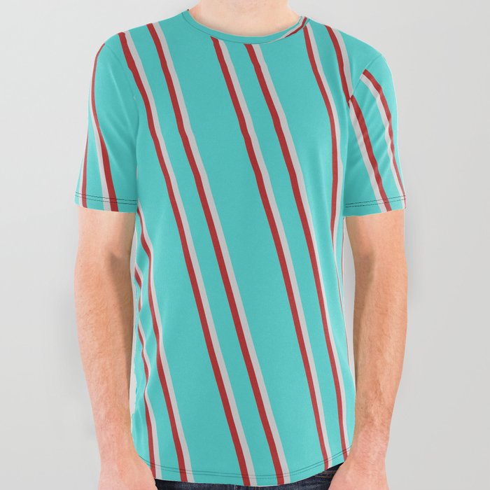 Turquoise, Light Grey & Red Colored Lines/Stripes Pattern All Over Graphic Tee