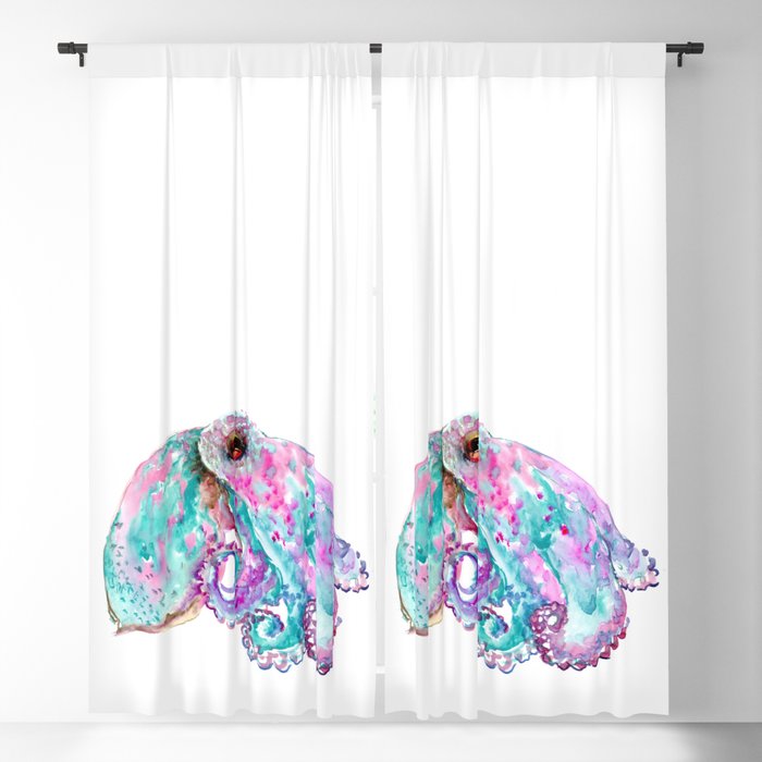 Octopus, turquoise blue pink art Blackout Curtain
